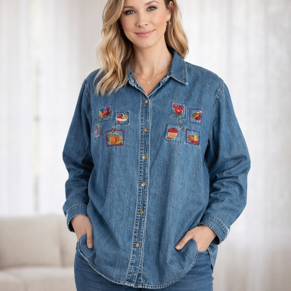 Basic Editions Womens‎ Large Blue Denim Embroidered Harvest Farm Button Up Shirt